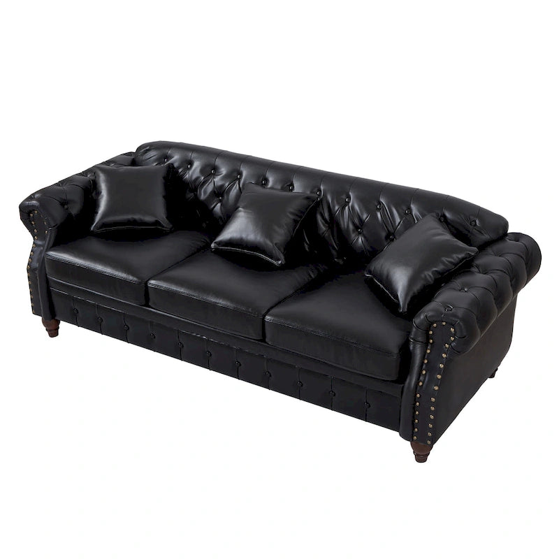 Technical Leather 3-Seater Sofa with Tufted Backrest and Storage
