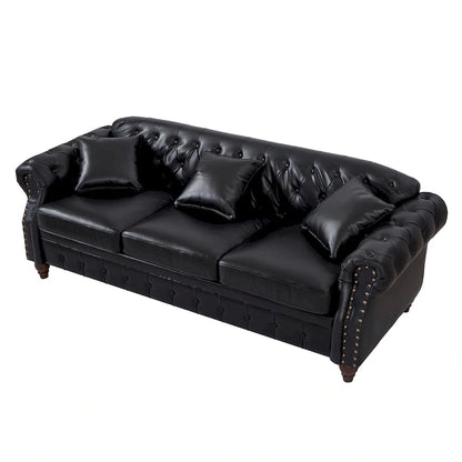 Technical Leather 3-Seater Sofa with Tufted Backrest and Storage