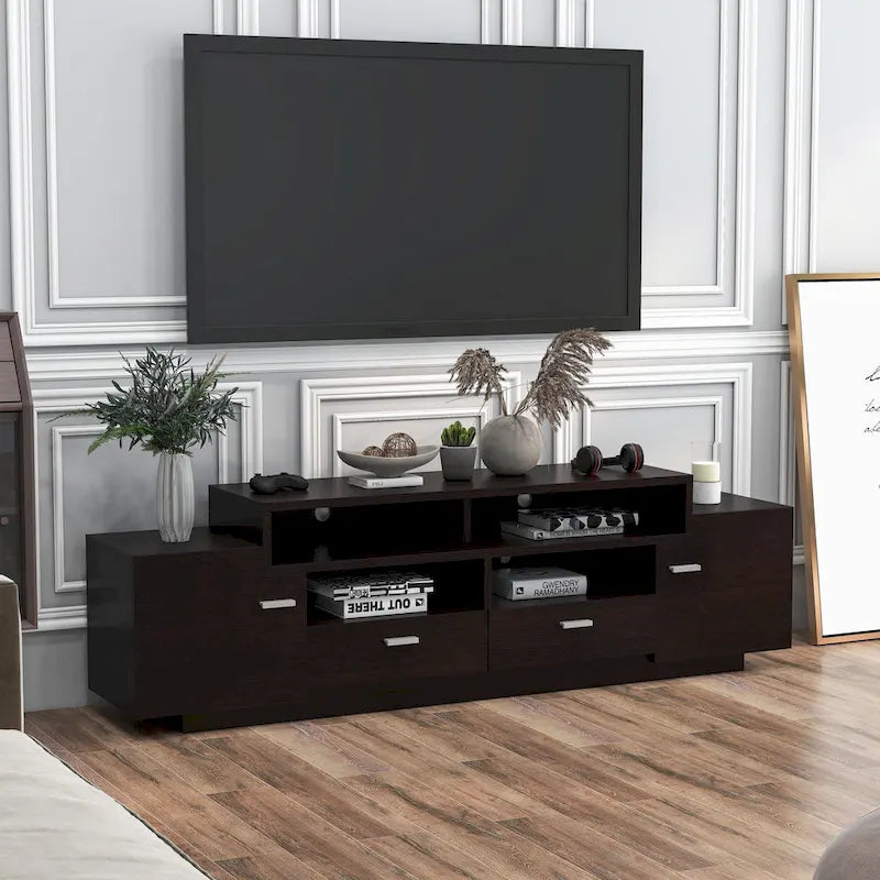 Contemporary TV Stand with 2 Drawers & Storage Cabinets, Cappuccino / Black, Fits 70"