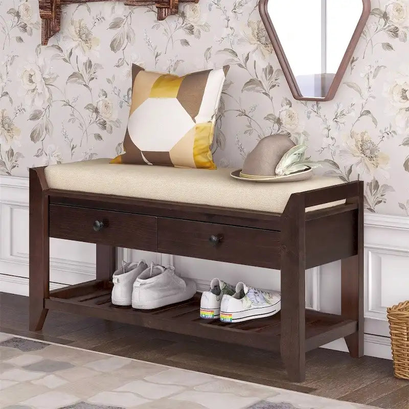 Cushioned Shoe Bench with 2 Drawers & Open Shelf, Seats 1–2