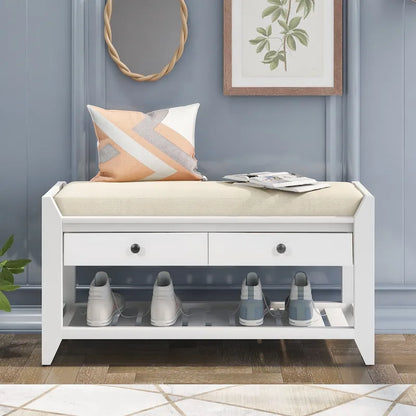 Cushioned Shoe Bench with 2 Drawers & Open Shelf, Seats 1–2