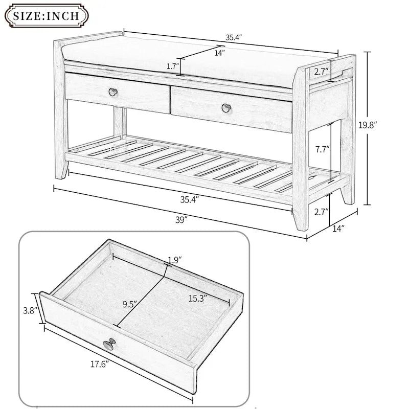 Cushioned Shoe Bench with 2 Drawers & Open Shelf, Seats 1–2