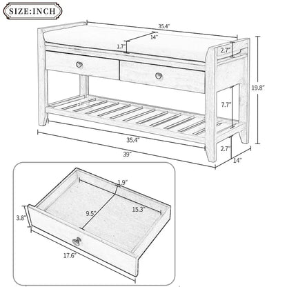 Cushioned Shoe Bench with 2 Drawers & Open Shelf, Seats 1–2
