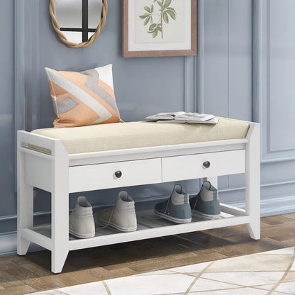Cushioned Shoe Bench with 2 Drawers & Open Shelf, Seats 1–2