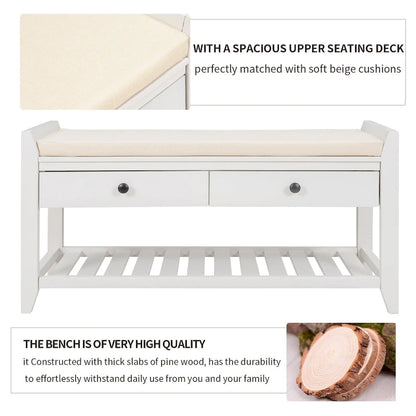 Cushioned Shoe Bench with 2 Drawers & Open Shelf, Seats 1–2
