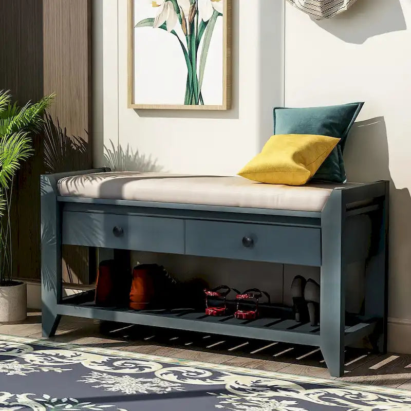 Cushioned Shoe Bench with 2 Drawers & Open Shelf, Seats 1–2