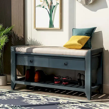 Cushioned Shoe Bench with 2 Drawers & Open Shelf, Seats 1–2