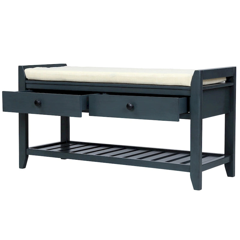 Cushioned Shoe Bench with 2 Drawers & Open Shelf, Seats 1–2