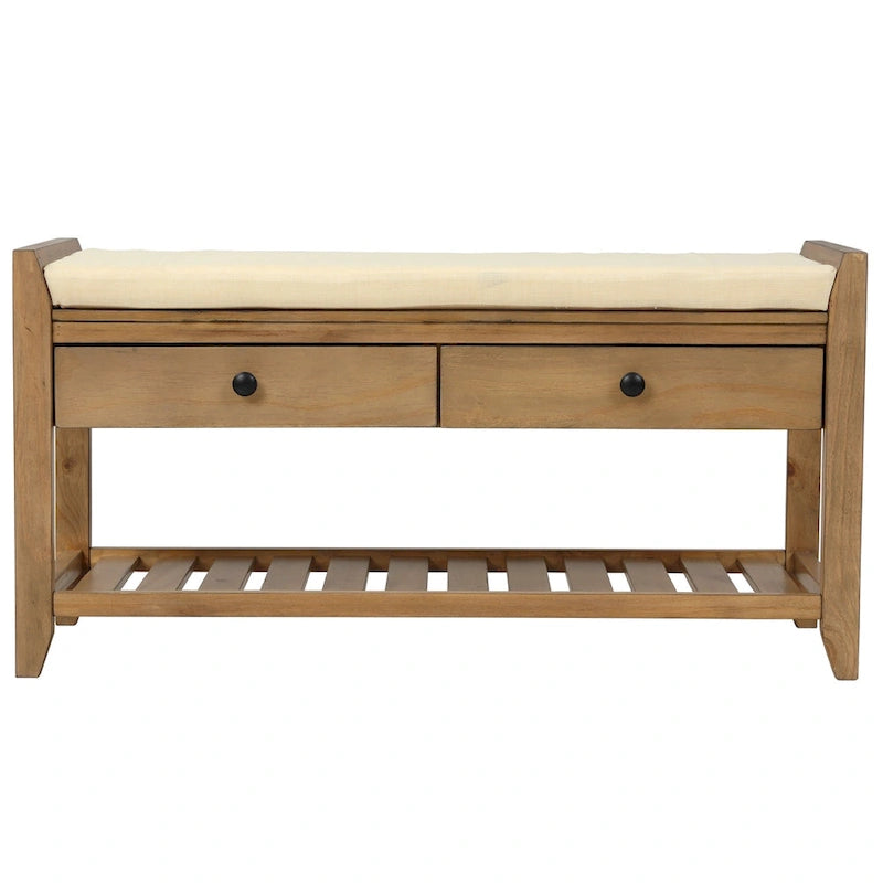 Cushioned Shoe Bench with 2 Drawers & Open Shelf, Seats 1–2