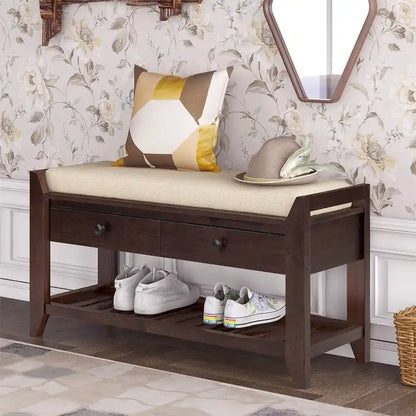 Cushioned Shoe Bench with 2 Drawers & Open Shelf, Seats 1–2