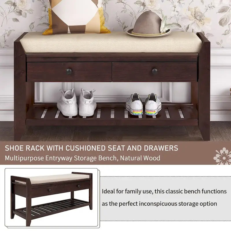 Cushioned Shoe Bench with 2 Drawers & Open Shelf, Seats 1–2
