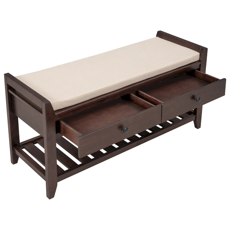 Cushioned Shoe Bench with 2 Drawers & Open Shelf, Seats 1–2
