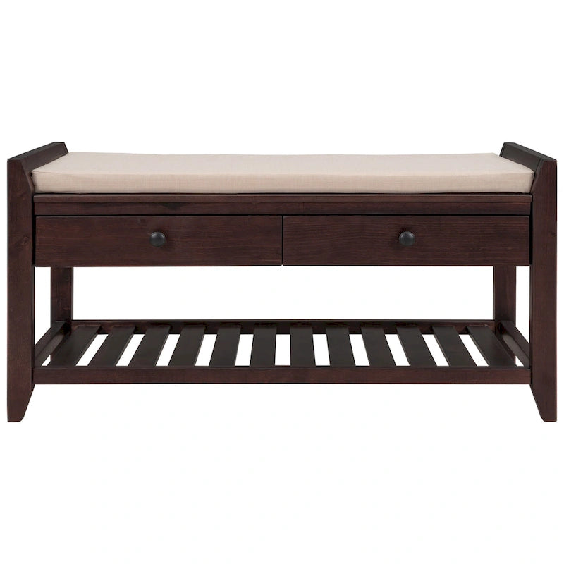 Cushioned Shoe Bench with 2 Drawers & Open Shelf, Seats 1–2