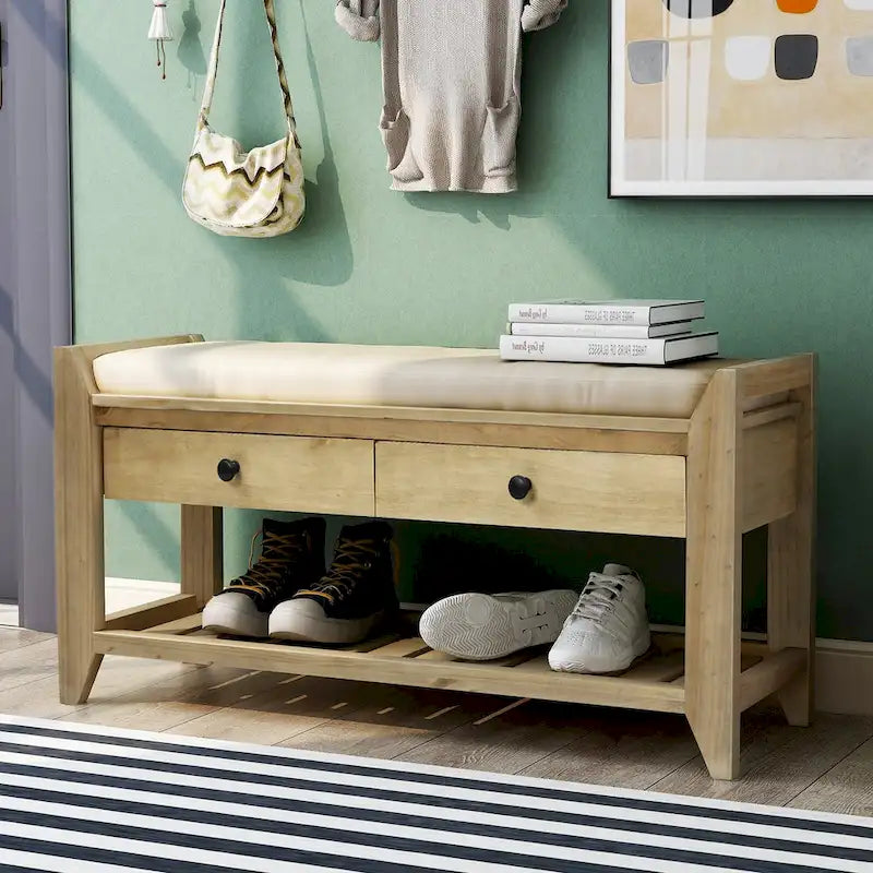 Cushioned Shoe Bench with 2 Drawers & Open Shelf, Seats 1–2