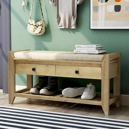 Cushioned Shoe Bench with 2 Drawers & Open Shelf, Seats 1–2