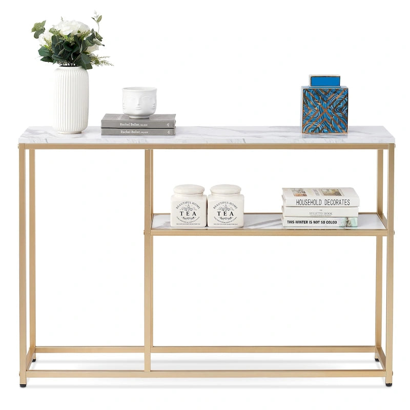 White / Brown 3-Tier Open Shelf Narrow Console Table – 1 Person Assembly