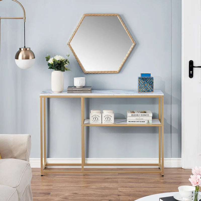 White / Brown 3-Tier Open Shelf Narrow Console Table – 1 Person Assembly