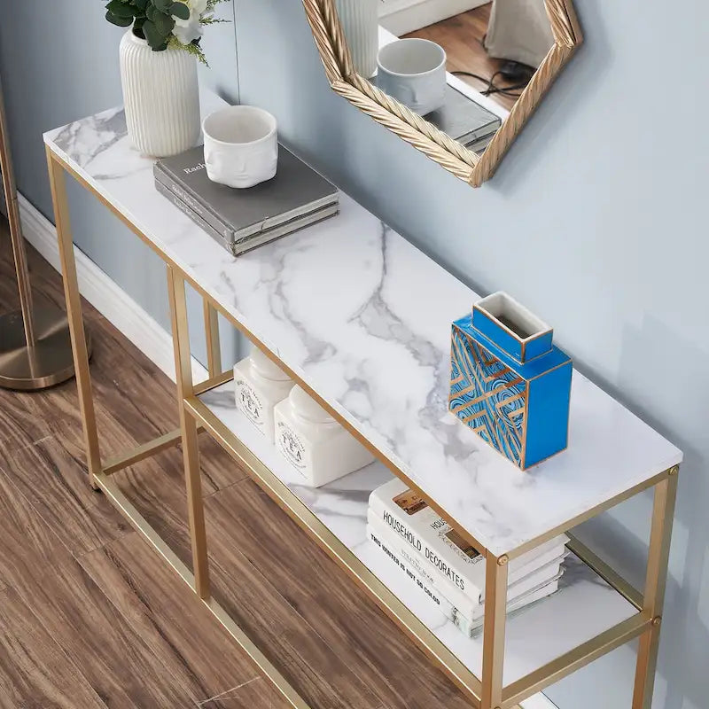 White / Brown 3-Tier Open Shelf Narrow Console Table – 1 Person Assembly
