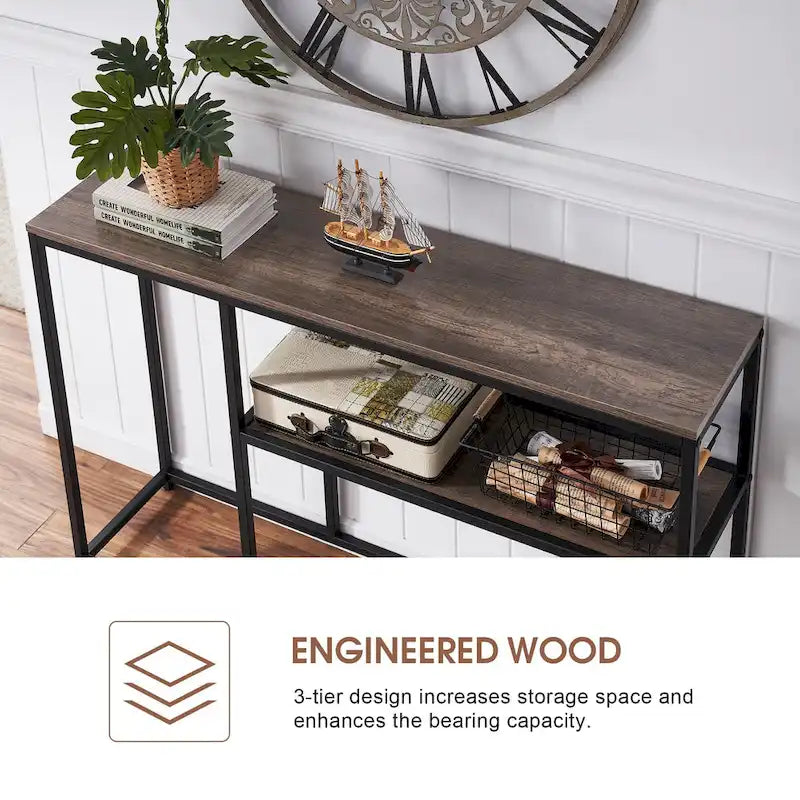 White / Brown 3-Tier Open Shelf Narrow Console Table – 1 Person Assembly