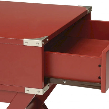HomeRoots 24 Red Wood Cross Legs End Table With Drawer - 18 W x 16 D x 24 H