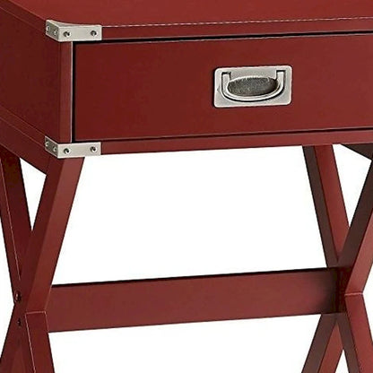HomeRoots 24 Red Wood Cross Legs End Table With Drawer - 18 W x 16 D x 24 H