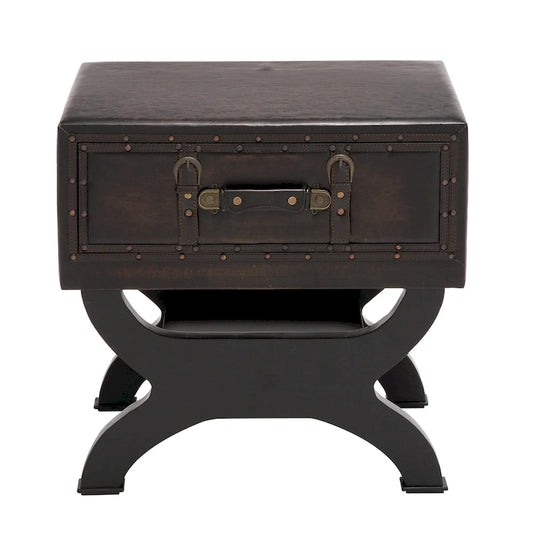 Faux Leather Vintage Style Single Drawer Accent Table with Curved Legs - Brown - Roche River Decor - 16W x 22L x 22H