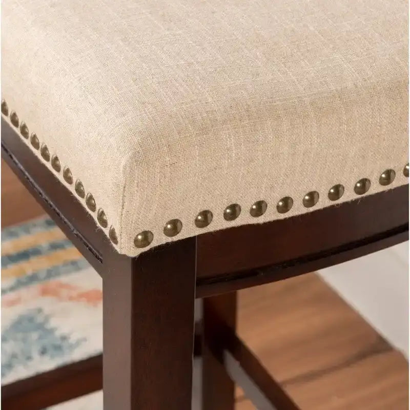 Beige Linen Backless Bar Stool, Nailhead Trim, Dark Walnut Finish, Single