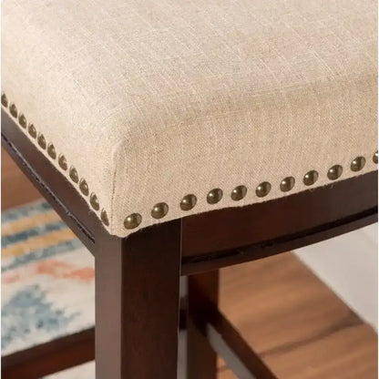 Beige Linen Backless Bar Stool, Nailhead Trim, Dark Walnut Finish, Single