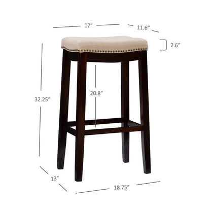 Beige Linen Backless Bar Stool, Nailhead Trim, Dark Walnut Finish, Single