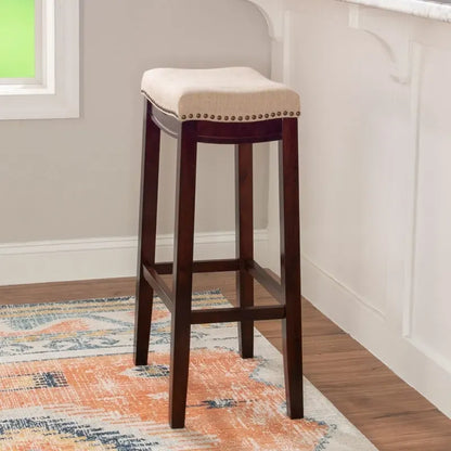 Beige Linen Backless Bar Stool, Nailhead Trim, Dark Walnut Finish, Single