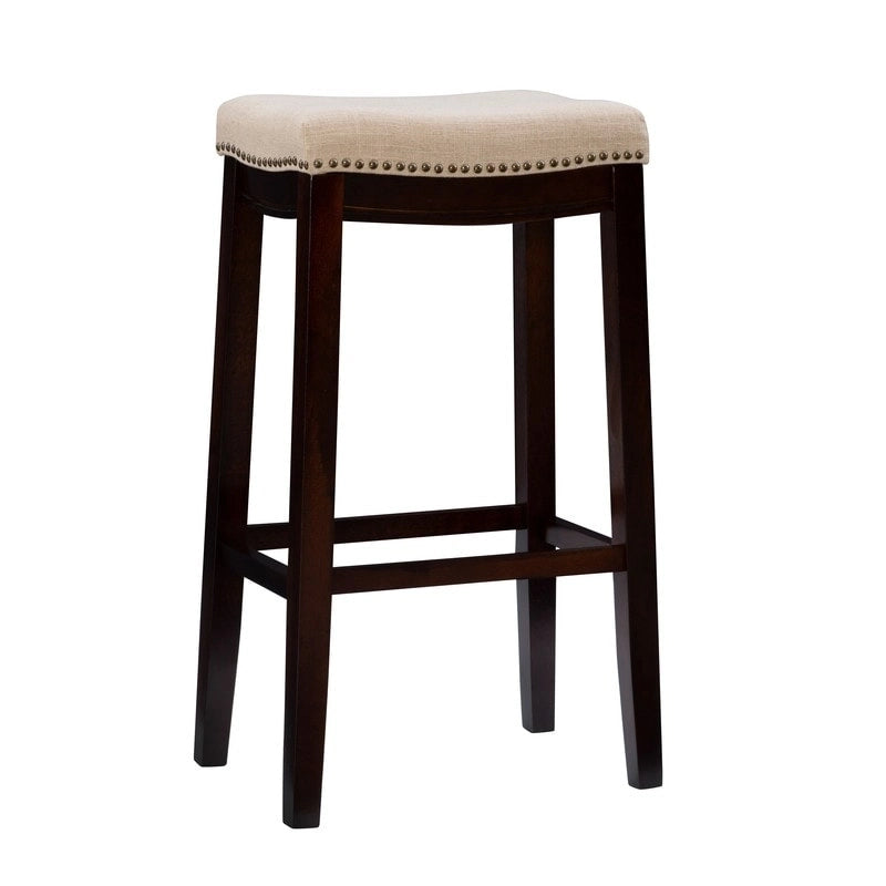 Beige Linen Backless Bar Stool, Nailhead Trim, Dark Walnut Finish, Single