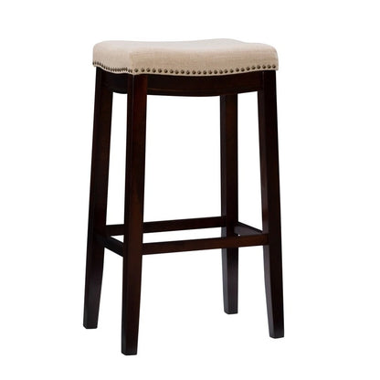 Beige Linen Backless Bar Stool, Nailhead Trim, Dark Walnut Finish, Single