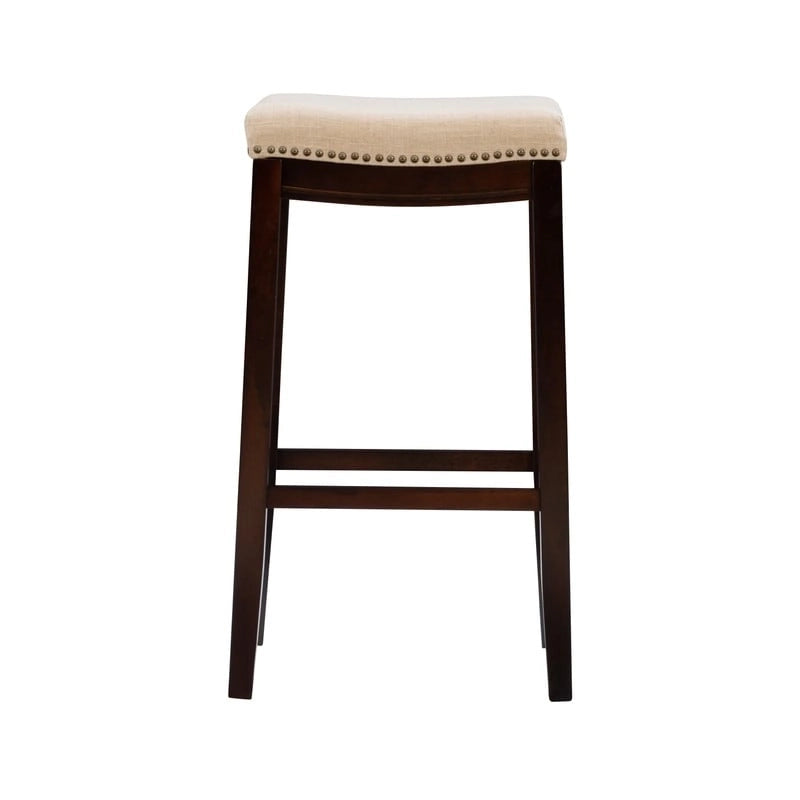 Beige Linen Backless Bar Stool, Nailhead Trim, Dark Walnut Finish, Single