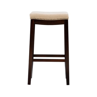 Beige Linen Backless Bar Stool, Nailhead Trim, Dark Walnut Finish, Single