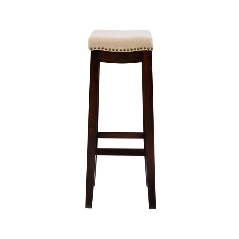 Beige Linen Backless Bar Stool, Nailhead Trim, Dark Walnut Finish, Single