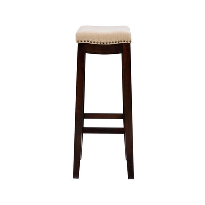 Beige Linen Backless Bar Stool, Nailhead Trim, Dark Walnut Finish, Single