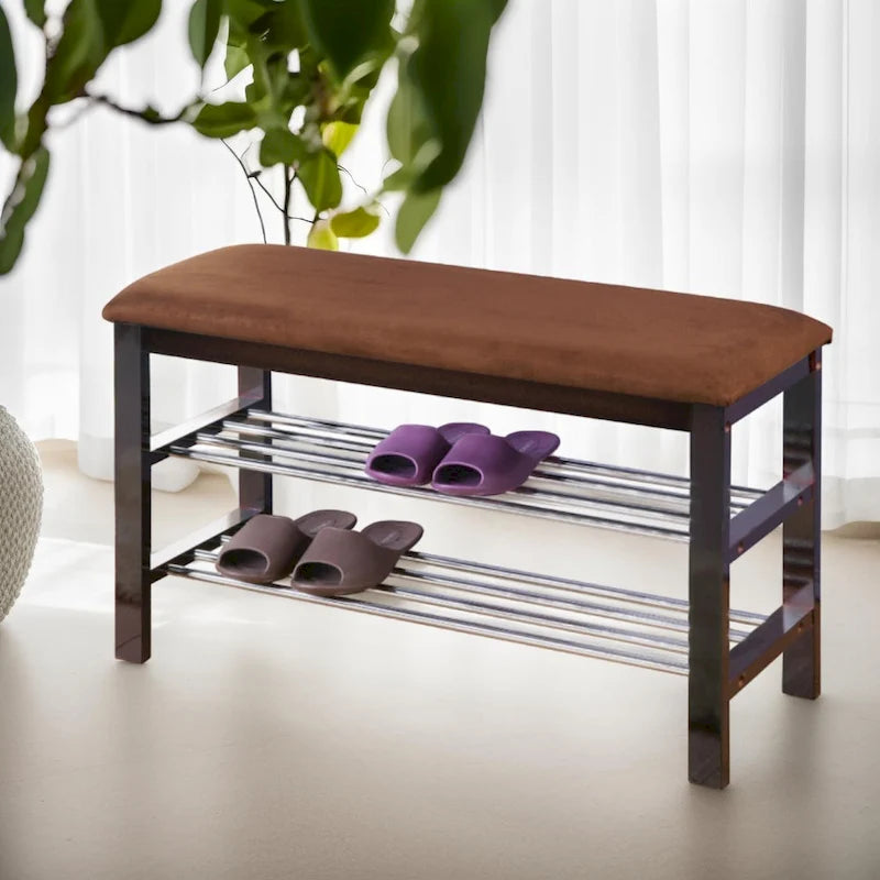 Roundhill Furniture Dark Espresso Wood Shoe Bench with Chocolate Microfiber Seat