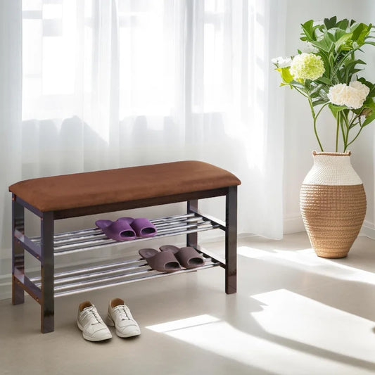 Brown Espresso Wood Shoe Bench with Chocolate Microfiber Seat, 1-Seat