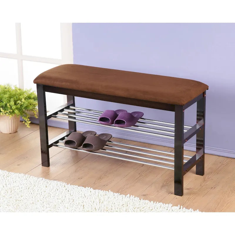 Brown Espresso Wood Shoe Bench with Chocolate Microfiber Seat, 1-Seat