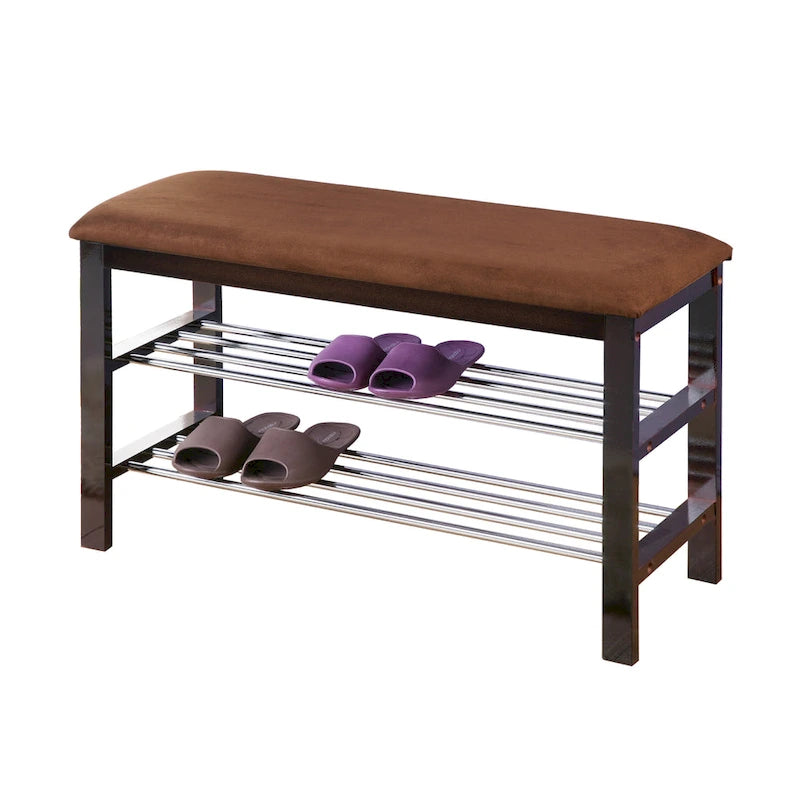 Brown Espresso Wood Shoe Bench with Chocolate Microfiber Seat, 1-Seat