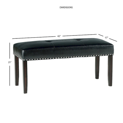 Black Faux Leather Dining Bench with Chrome Nailheads