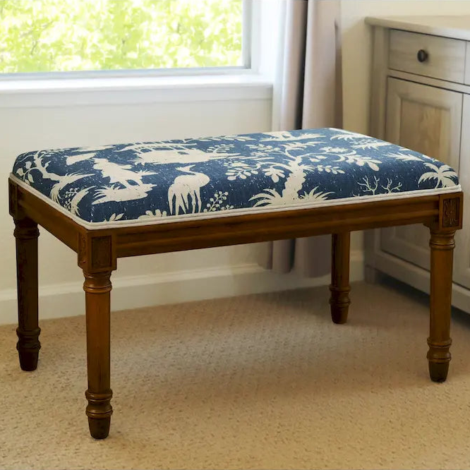 Blue Chinoiserie Print Linen Bench, Solid Wood Frame, Seats 2
