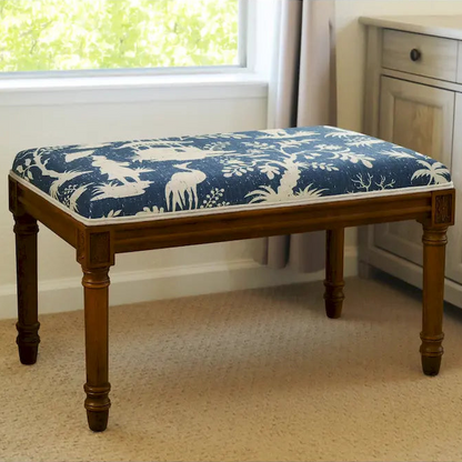 Blue Chinoiserie Print Linen Bench, Solid Wood Frame, Seats 2