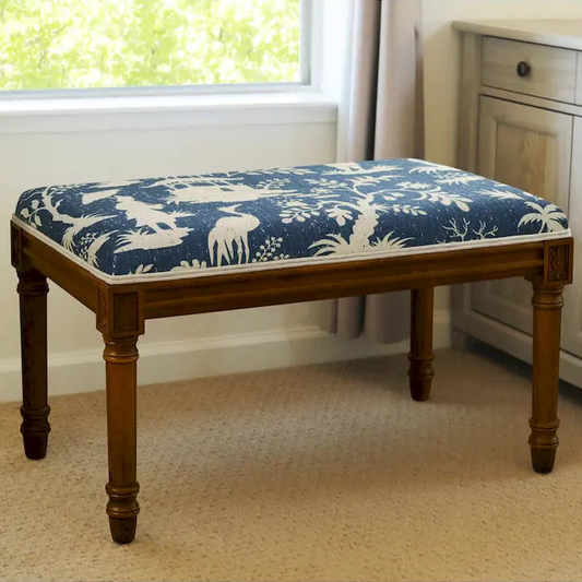 Blue Chinoiserie Print Linen Bench, Solid Wood Frame, Seats 2