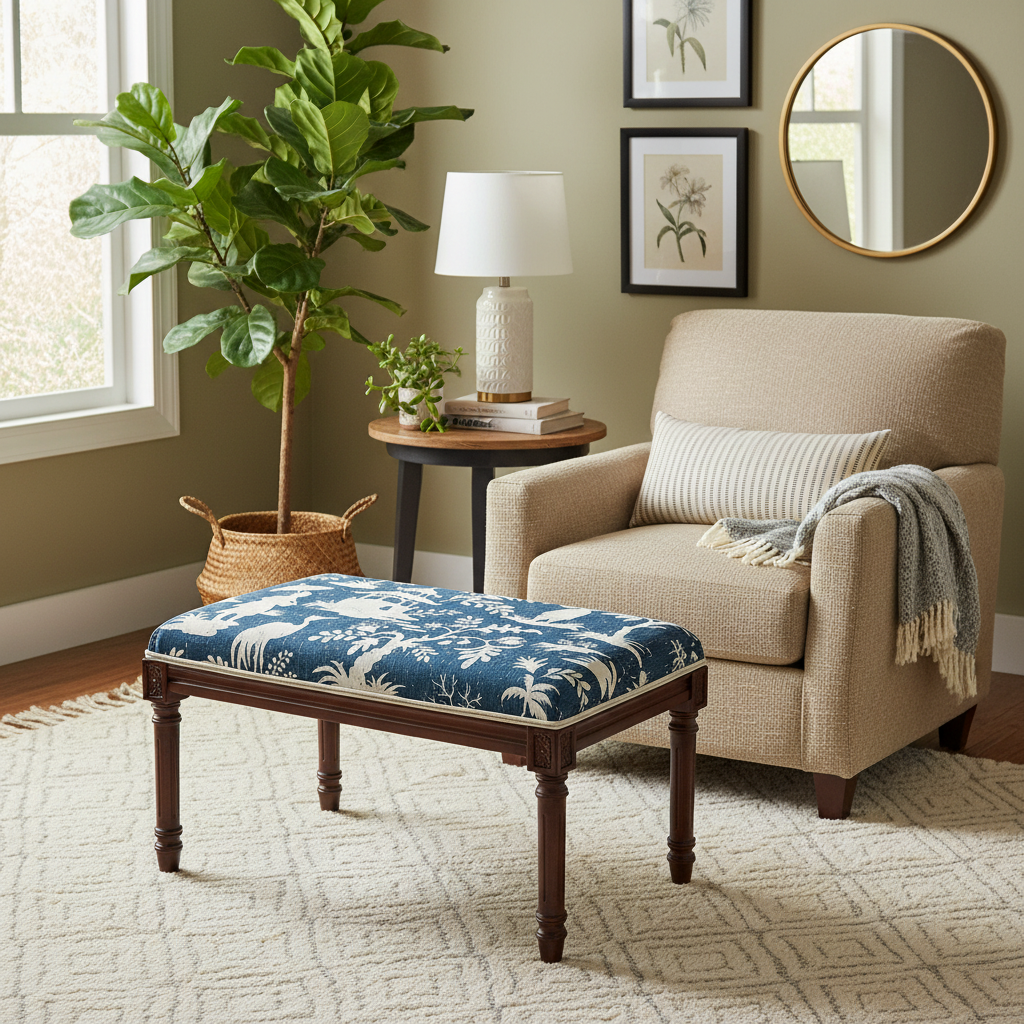 Blue Chinoiserie Print Linen Bench, Solid Wood Frame, Seats 2