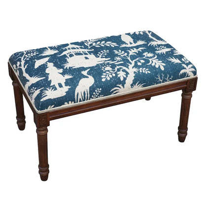 Blue Chinoiserie Print Linen Bench, Solid Wood Frame, Seats 2