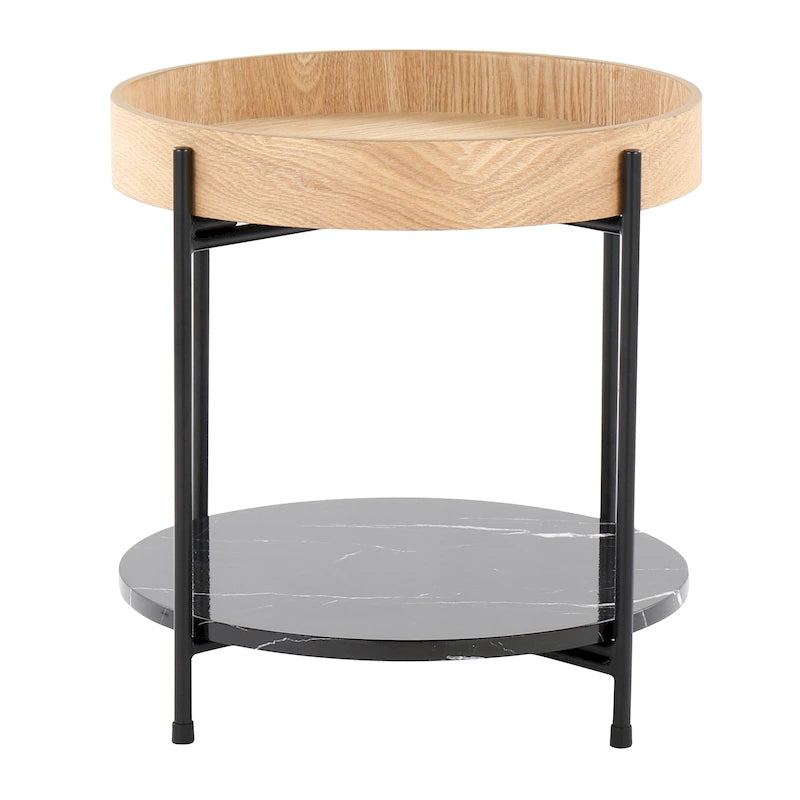 Natural Wood & Black Metal Round End Table with Faux Marble Shelf