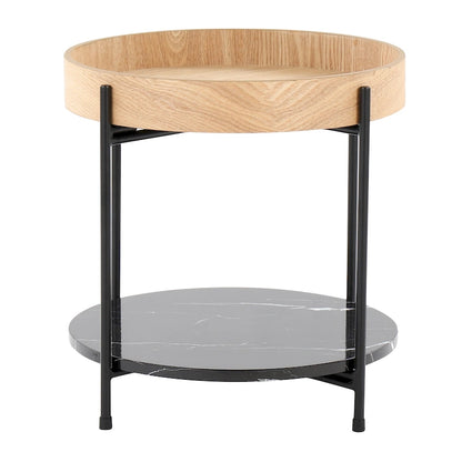 Natural Wood & Black Metal Round End Table with Faux Marble Shelf