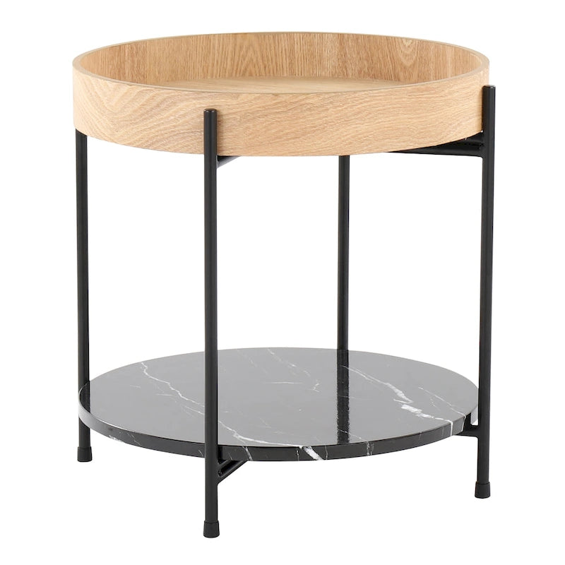 Natural Wood & Black Metal Round End Table with Faux Marble Shelf