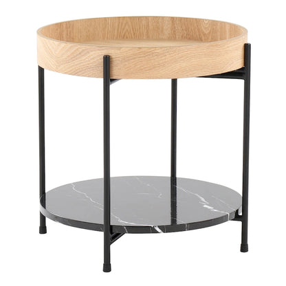 Natural Wood & Black Metal Round End Table with Faux Marble Shelf